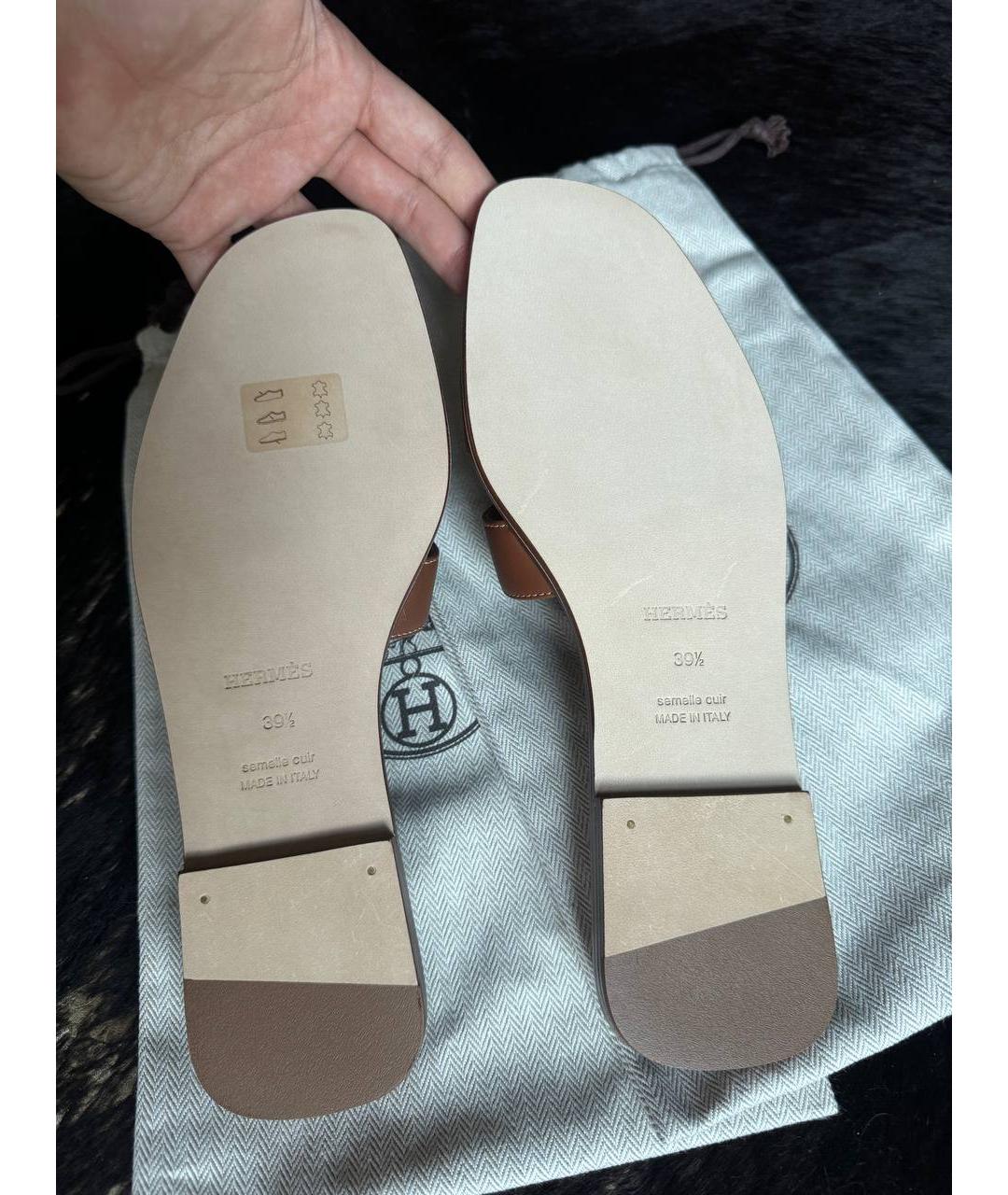 HERMES Коричневые кожаные шлепанцы, фото 5