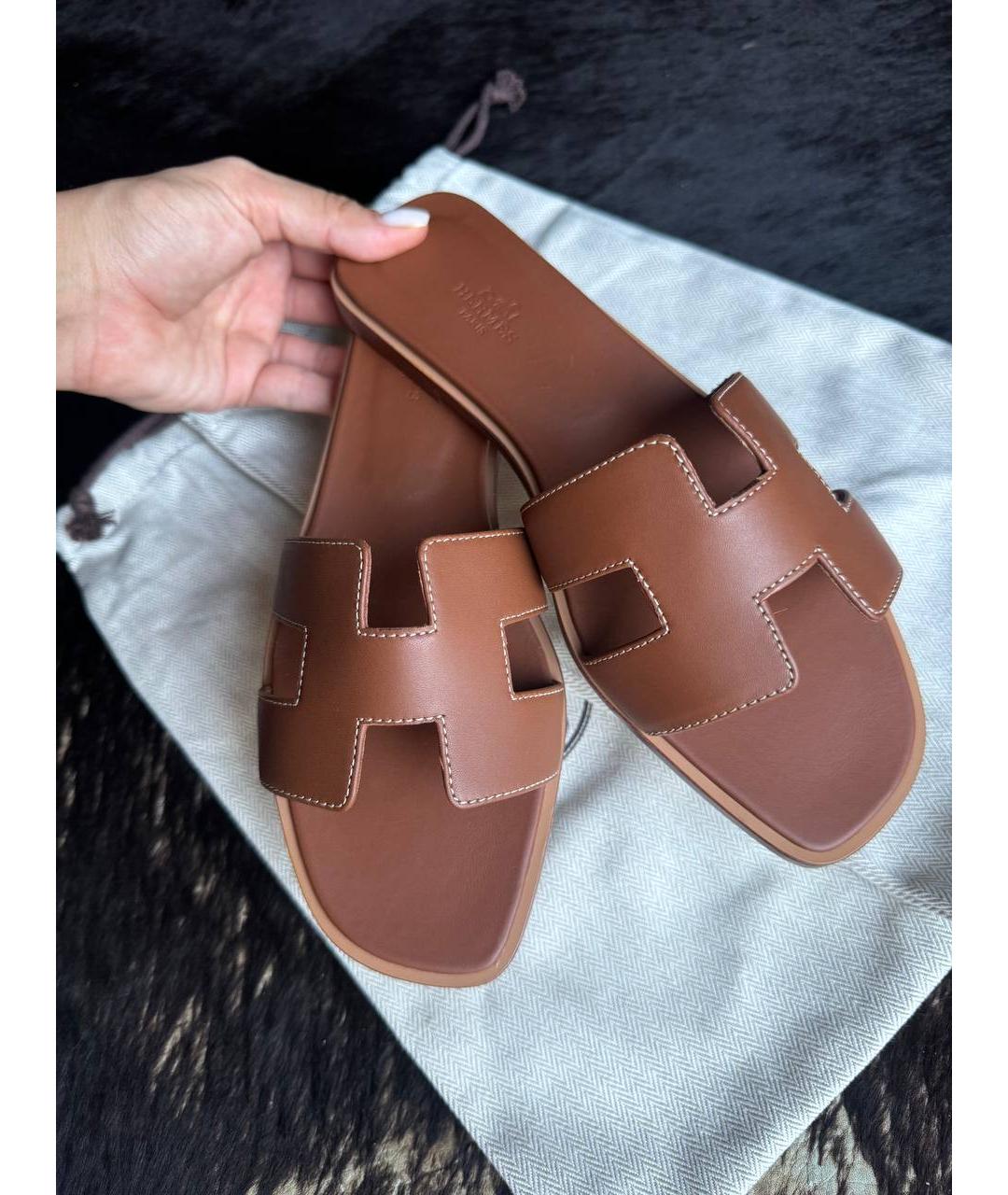 HERMES Коричневые кожаные шлепанцы, фото 7