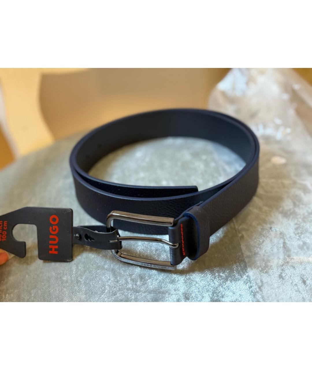 HUGO Темно-синий кожаный ремень, фото 3