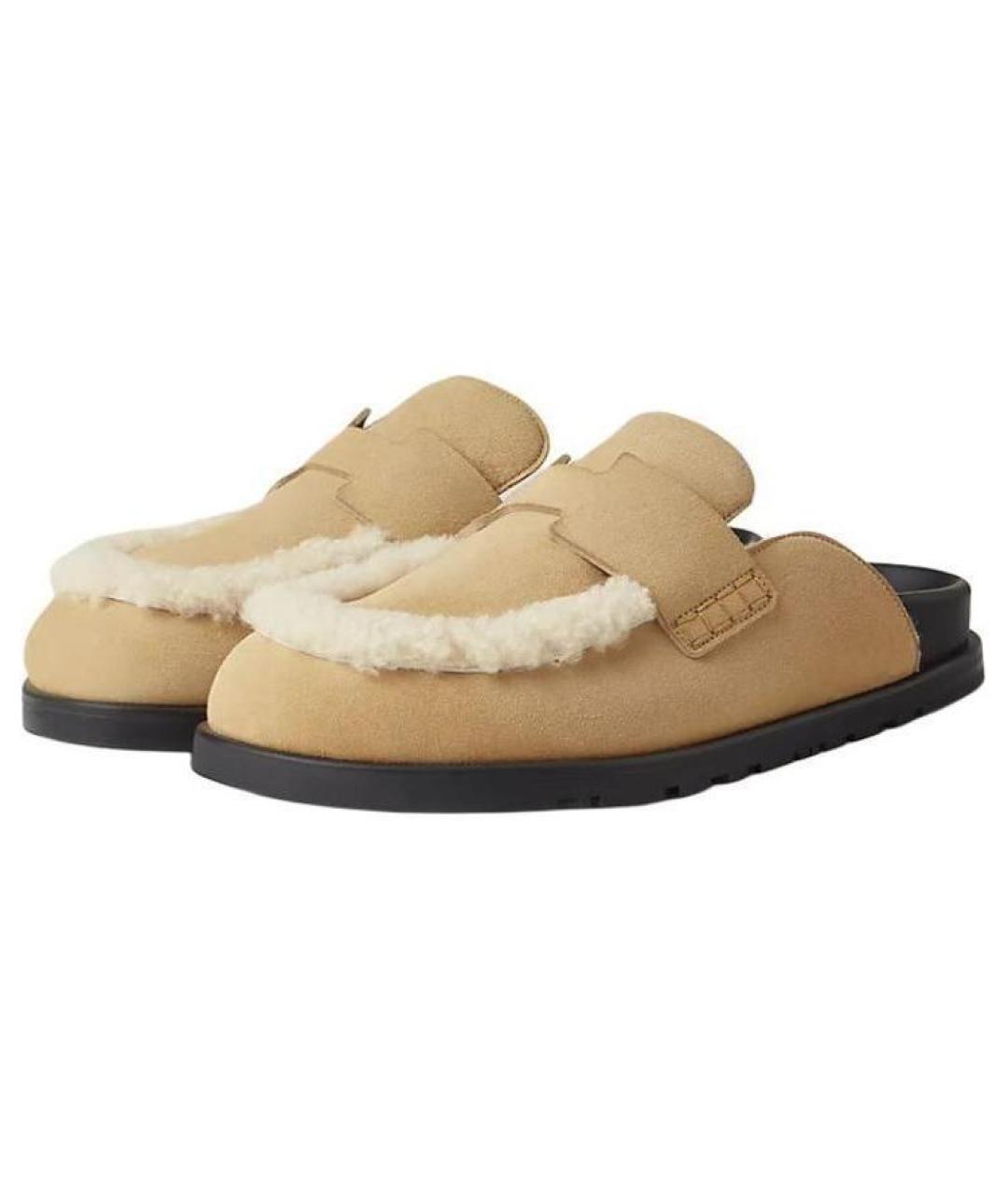 HERMES Бежевые замшевые слипоны, фото 4