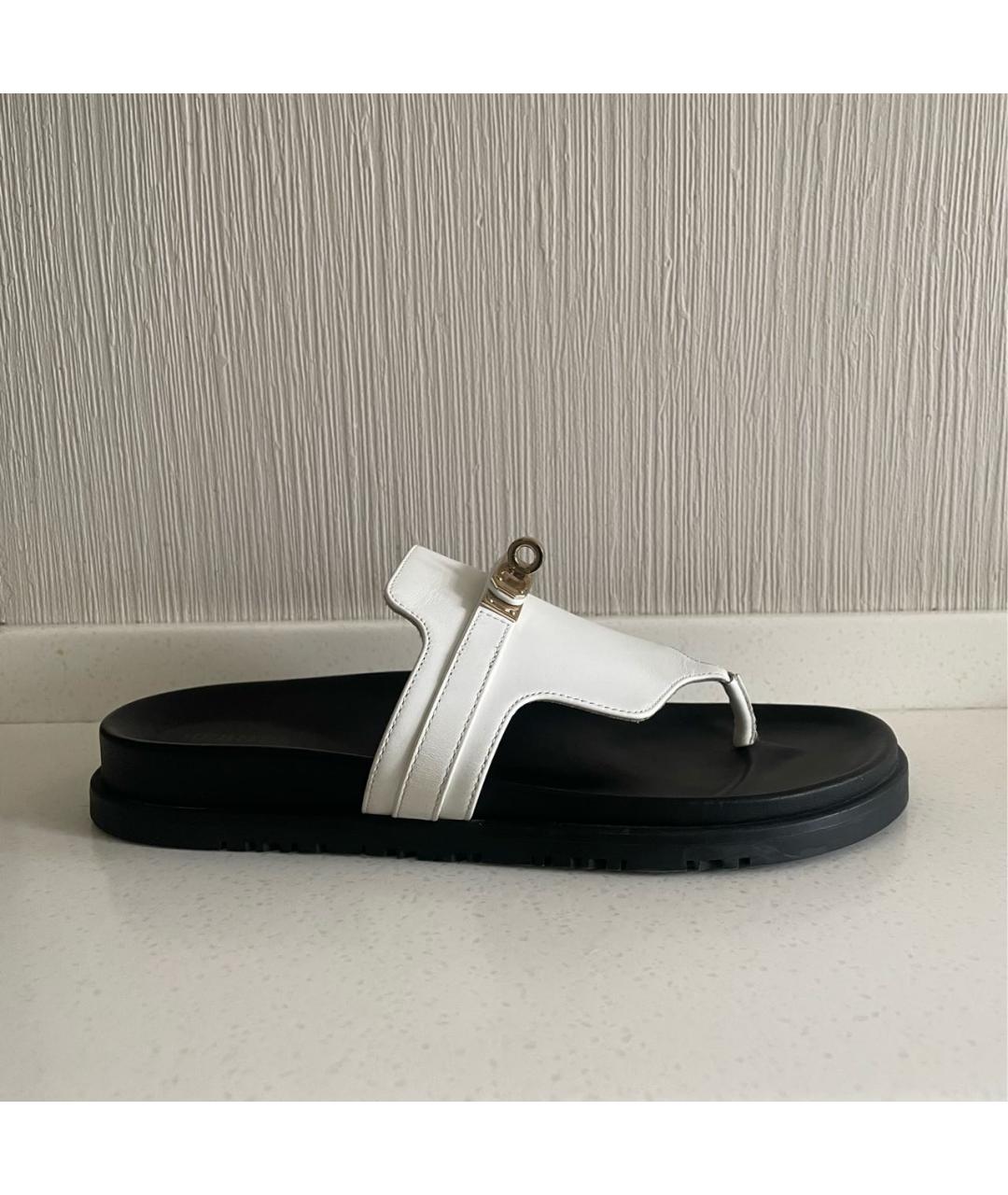 HERMES Белые кожаные шлепанцы, фото 2