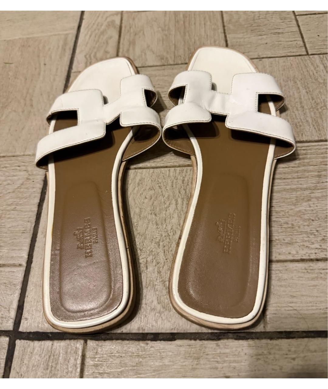 HERMES Белые кожаные шлепанцы, фото 3