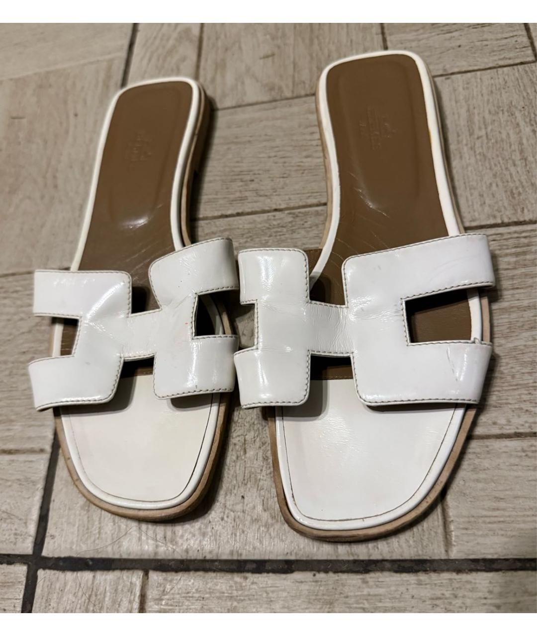 HERMES Белые кожаные шлепанцы, фото 2