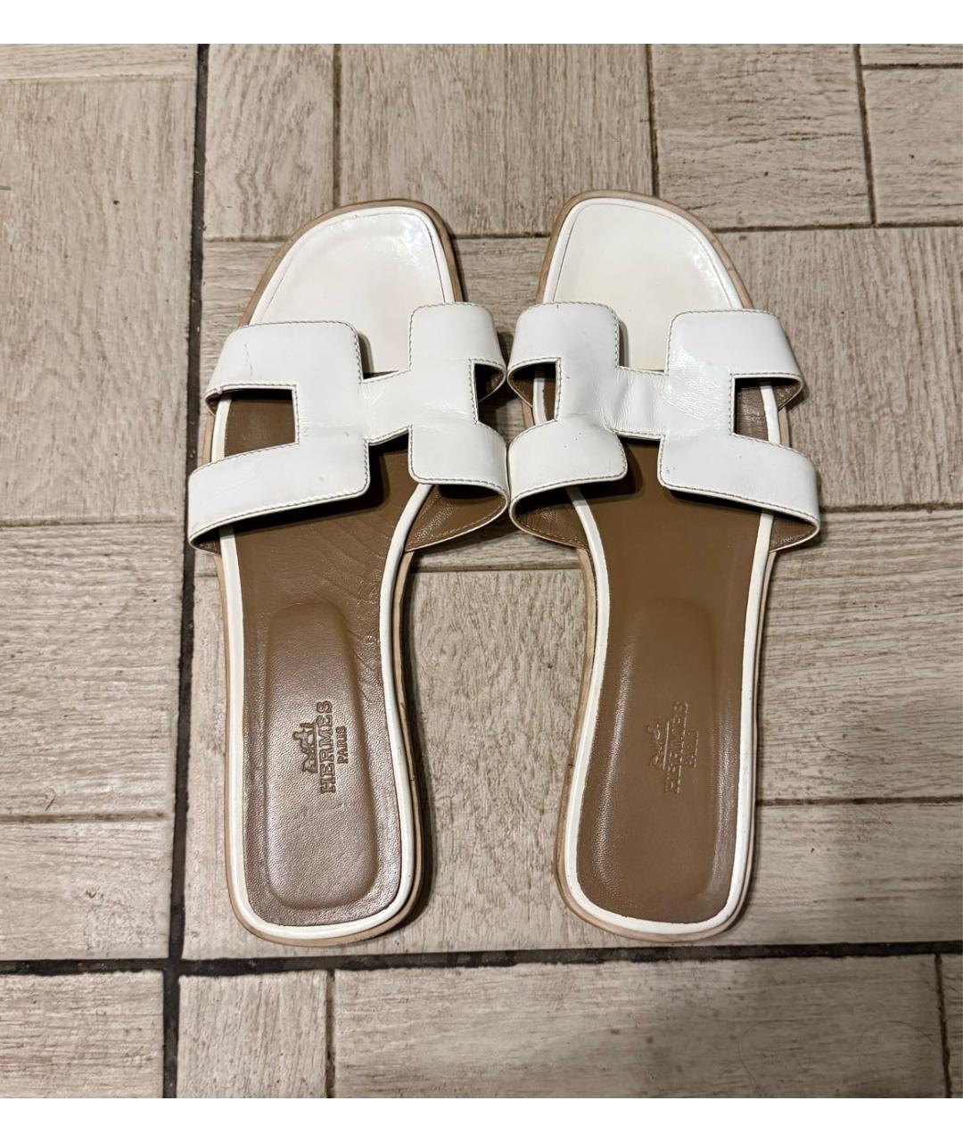 HERMES Белые кожаные шлепанцы, фото 8