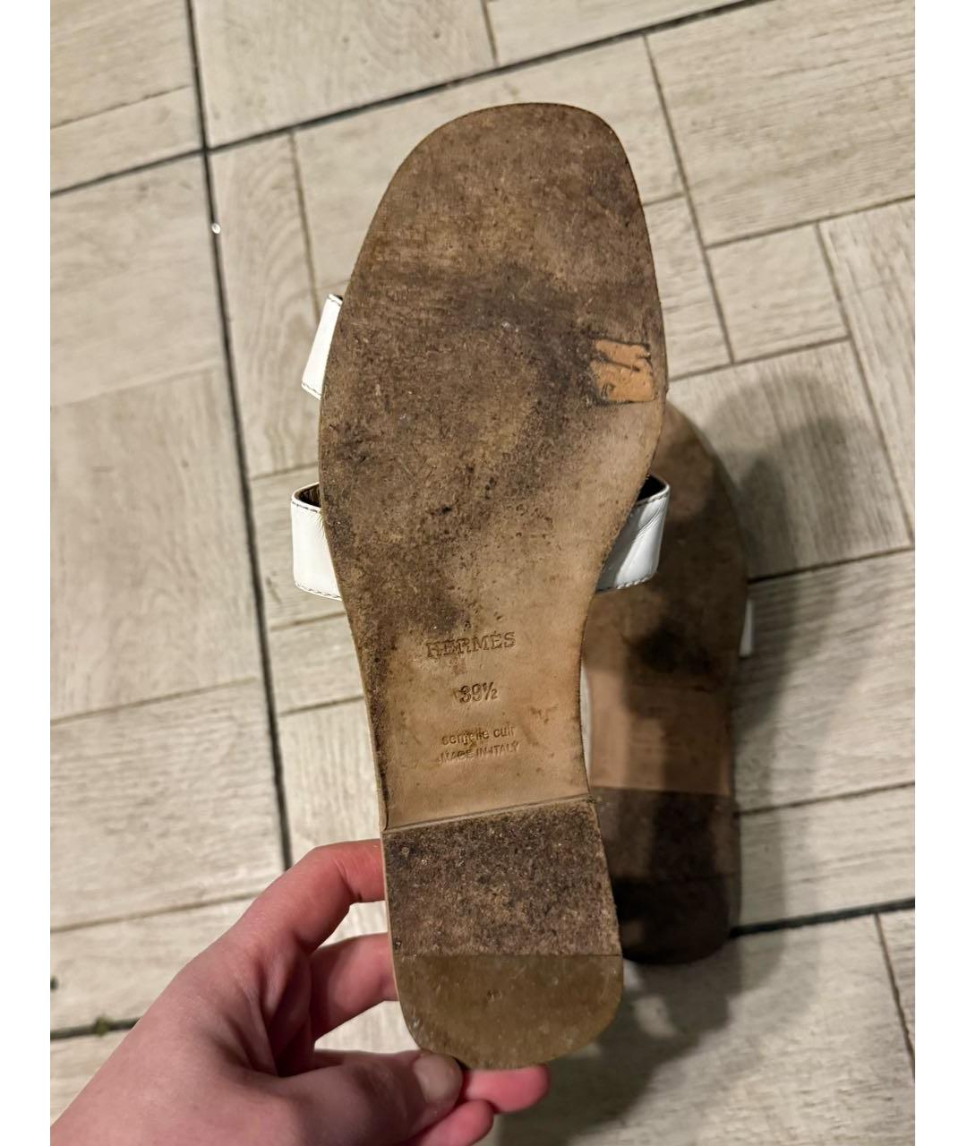 HERMES Белые кожаные шлепанцы, фото 7