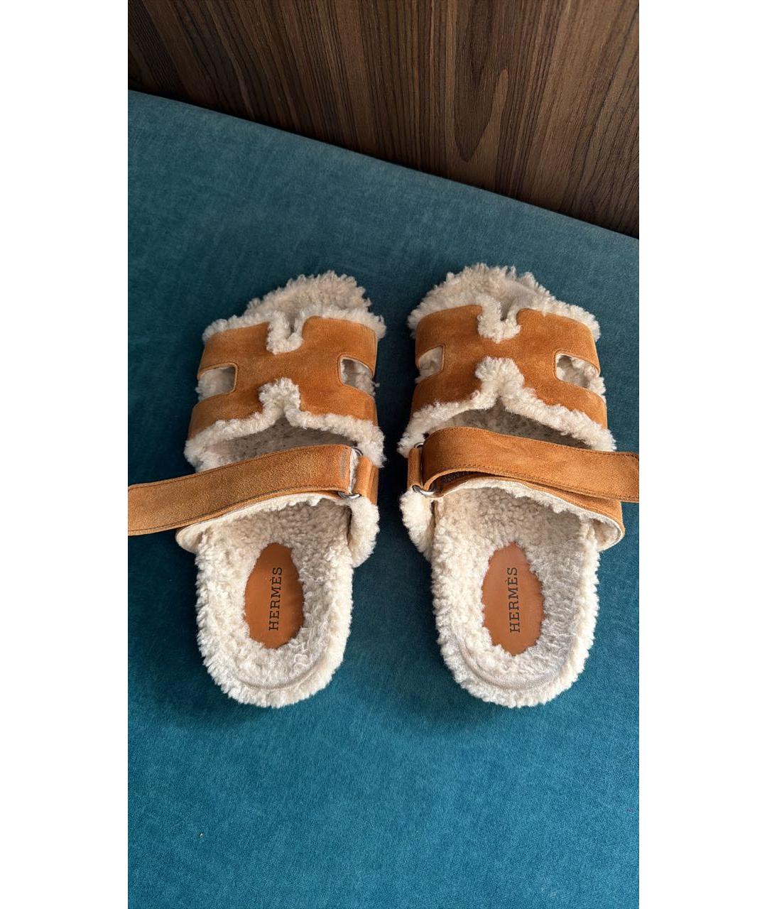 HERMES Коричневые замшевые шлепанцы, фото 2