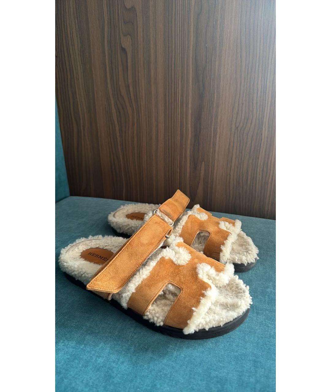 HERMES Коричневые замшевые шлепанцы, фото 5