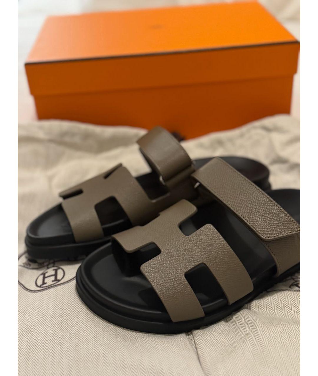 HERMES Серые кожаные шлепанцы, фото 2