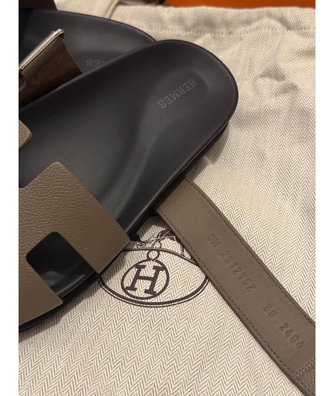 HERMES Серые кожаные шлепанцы, фото 4