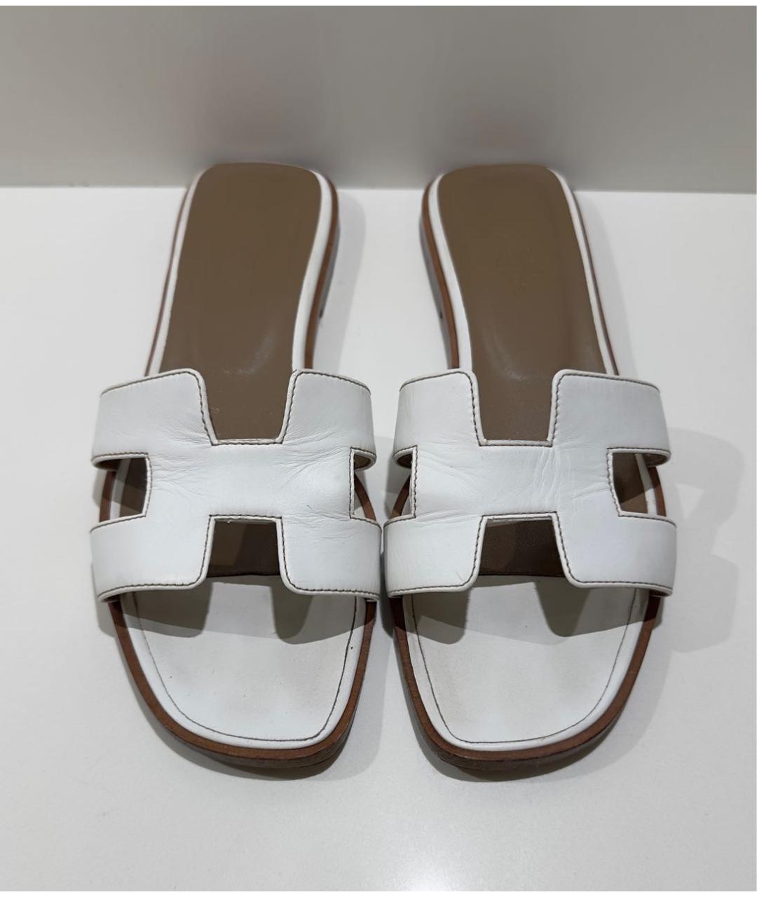HERMES Белые кожаные шлепанцы, фото 2