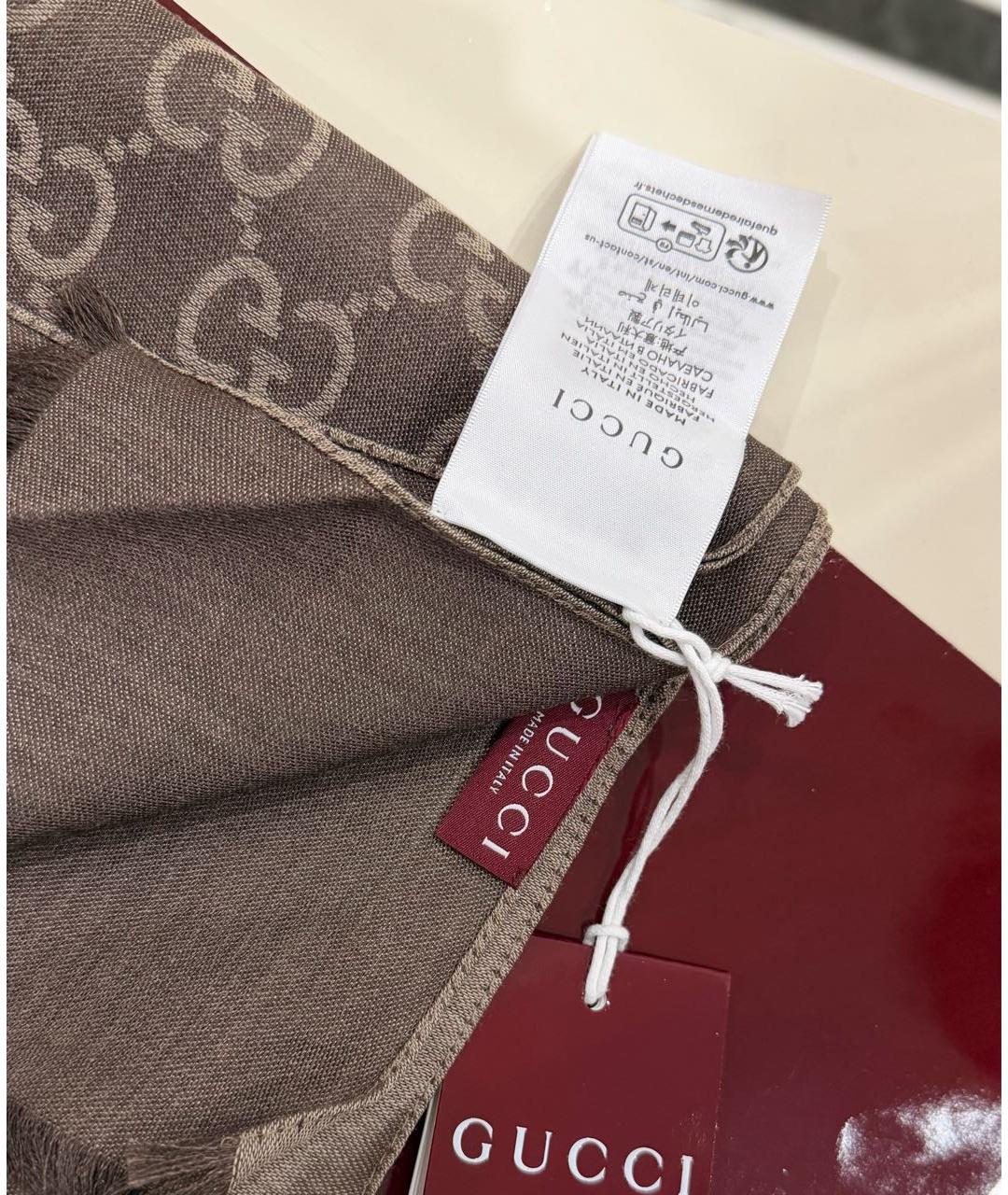 GUCCI Коричневый шерстяной шарф, фото 5