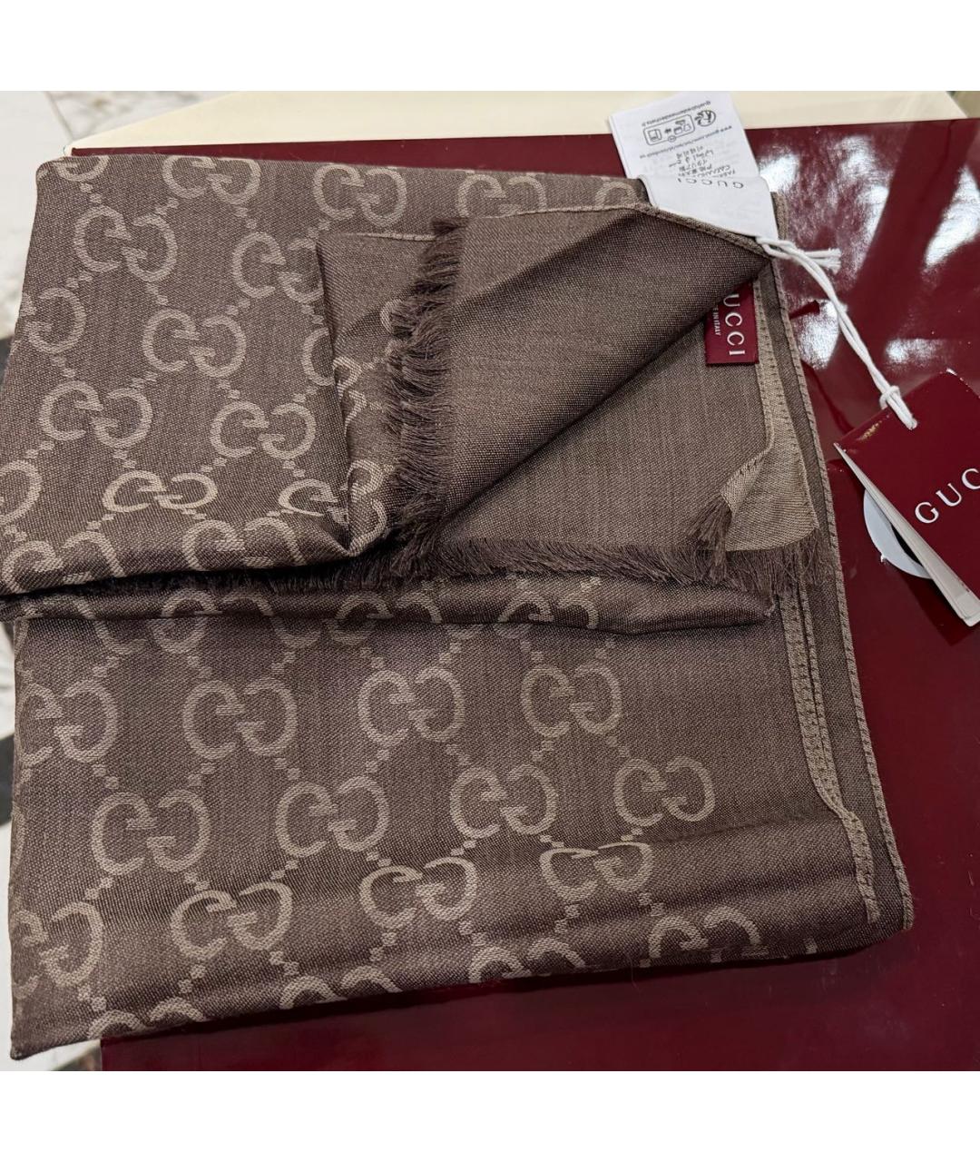 GUCCI Коричневый шерстяной шарф, фото 4