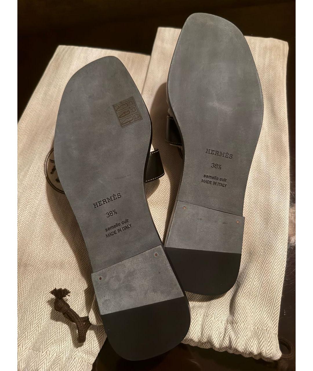 HERMES Черные кожаные шлепанцы, фото 3