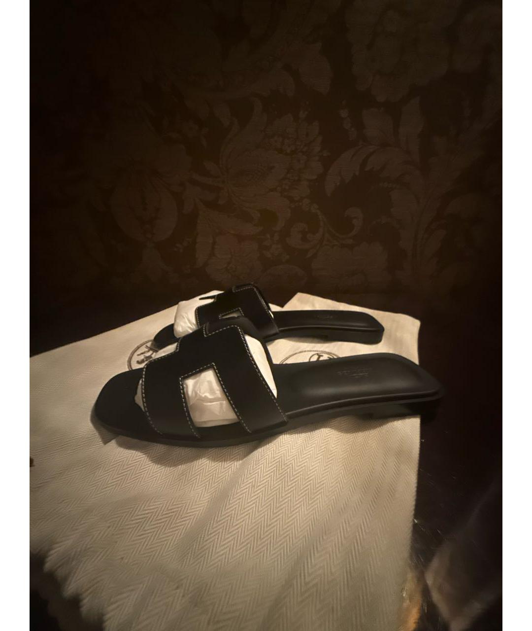 HERMES Черные кожаные шлепанцы, фото 4