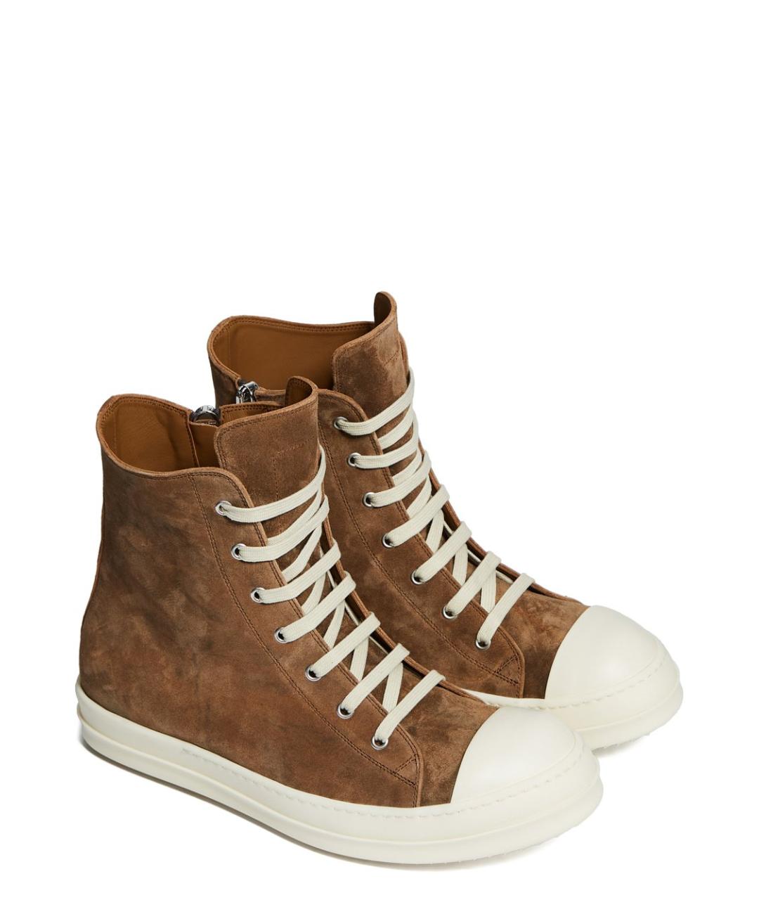 RICK OWENS Коричневые кожаные высокие кроссовки / кеды, фото 2