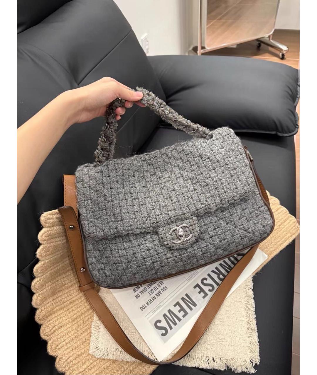 CHANEL Серая шерстяная сумка через плечо, фото 2