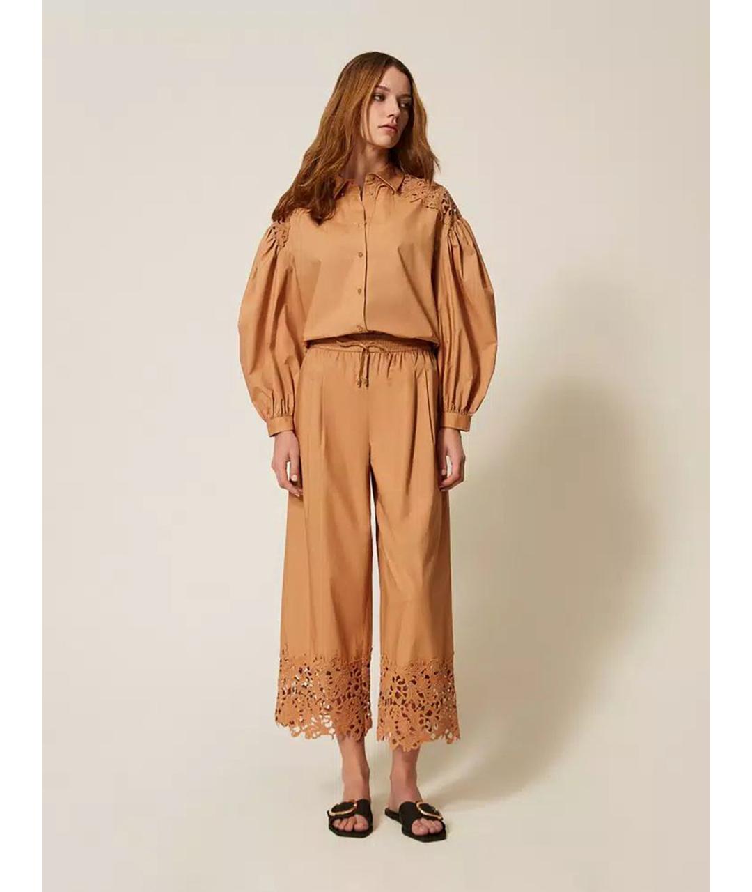 TWIN-SET Коричневые хлопковые брюки широкие, фото 2