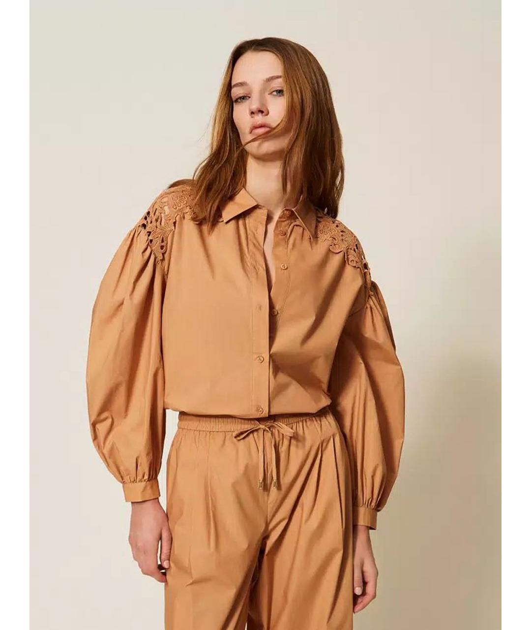 TWIN-SET Коричневая хлопковая рубашка, фото 3