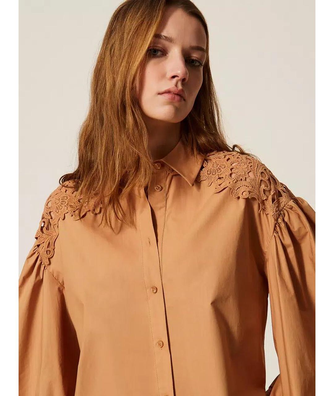 TWIN-SET Коричневая хлопковая рубашка, фото 5
