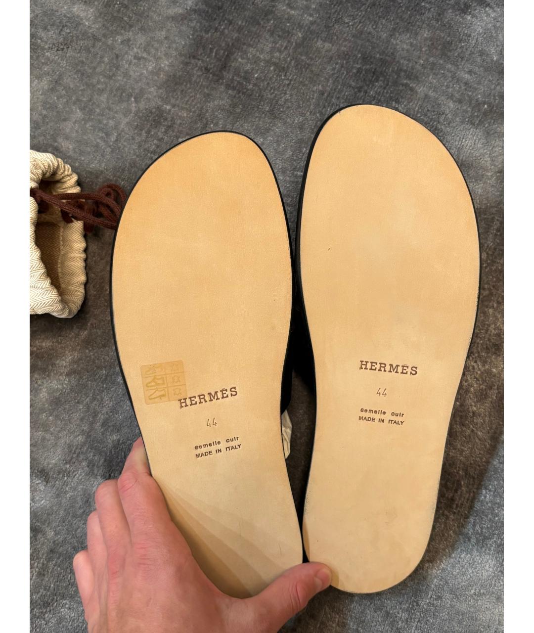 HERMES Черные кожаные шлепанцы, фото 5