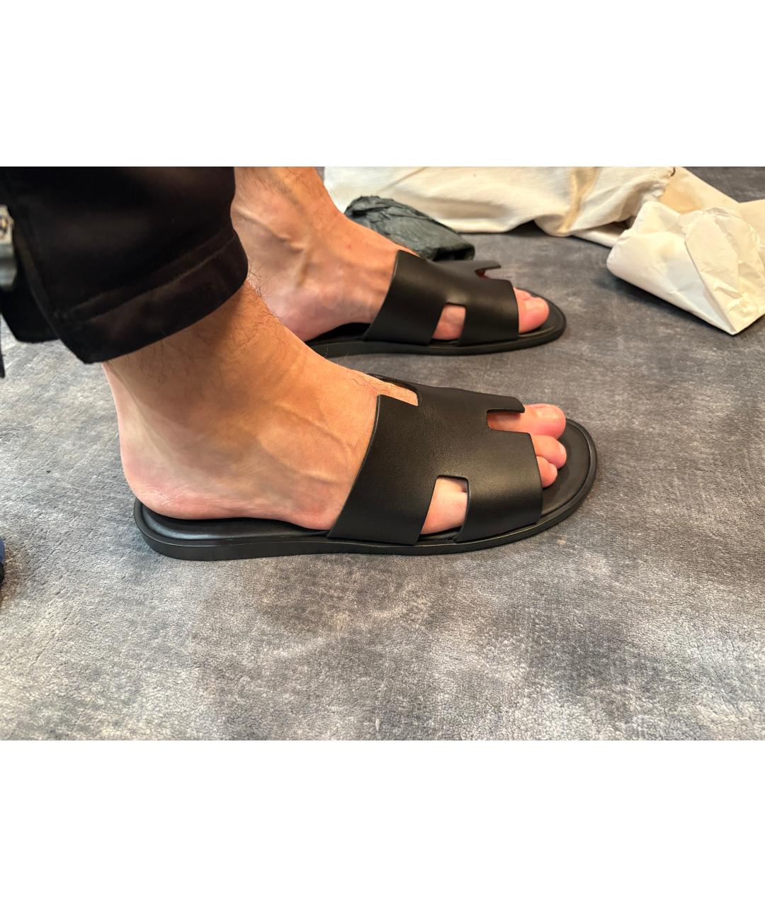 HERMES Черные кожаные шлепанцы, фото 6