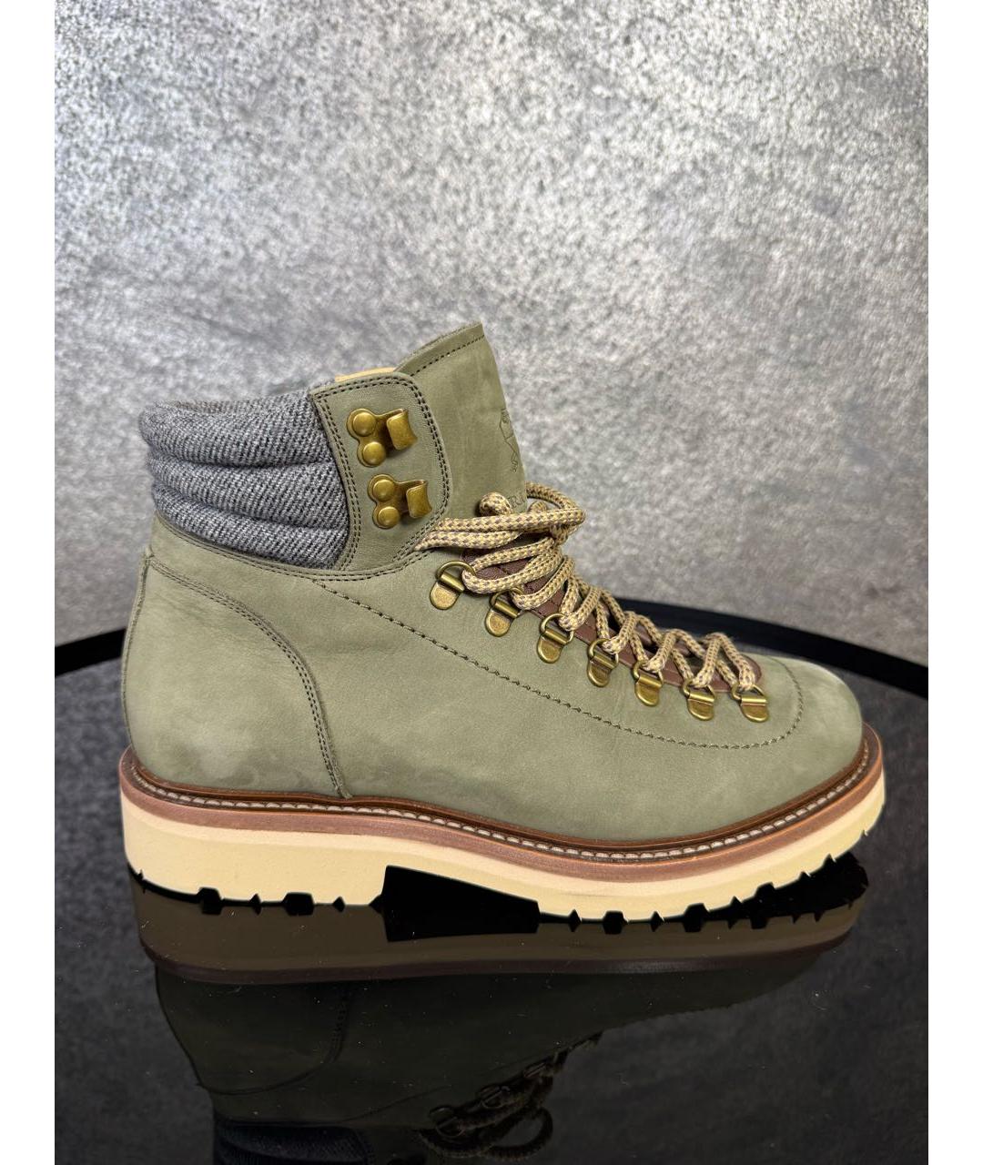 BRUNELLO CUCINELLI Хаки нубуковые высокие ботинки, фото 5