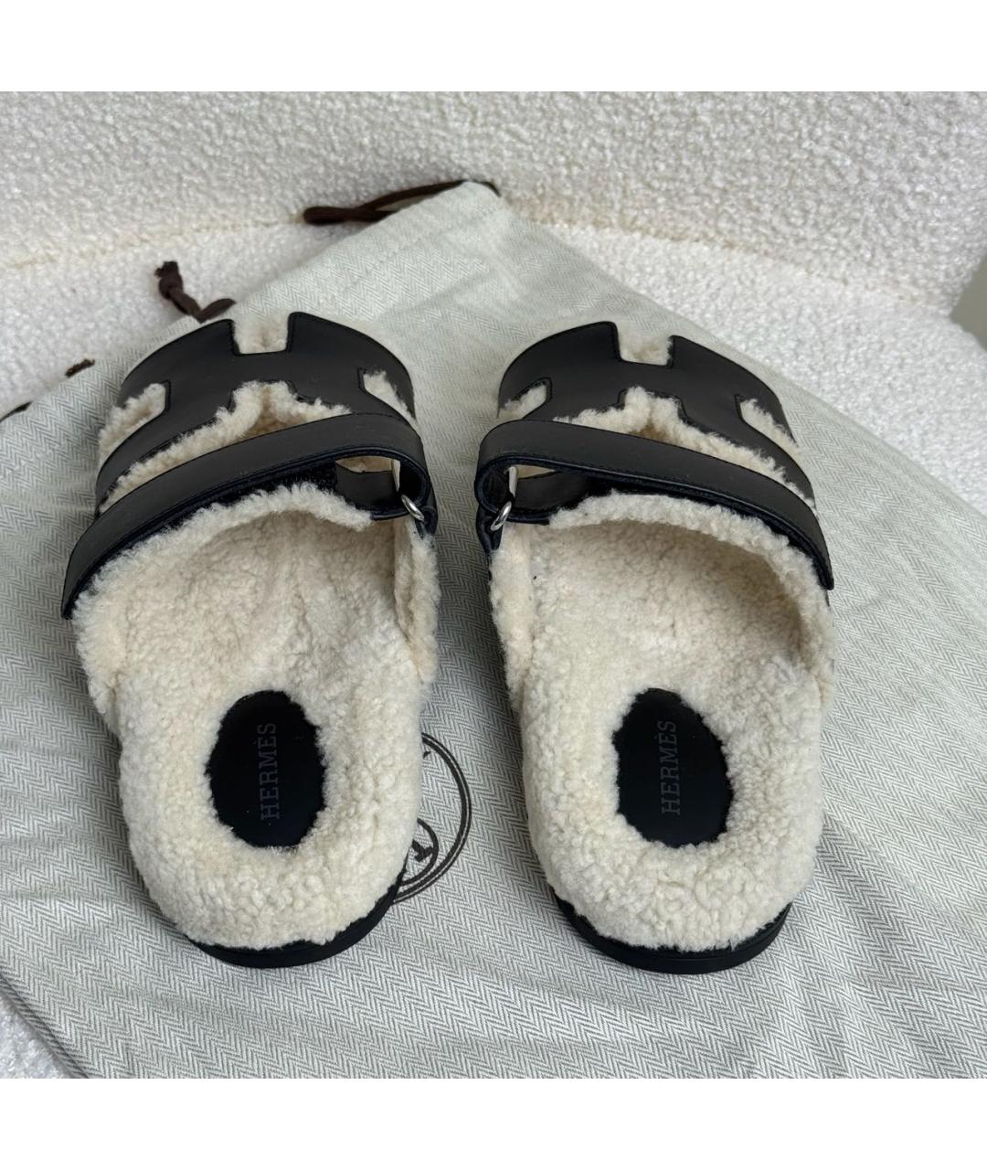HERMES Черные кожаные шлепанцы, фото 5