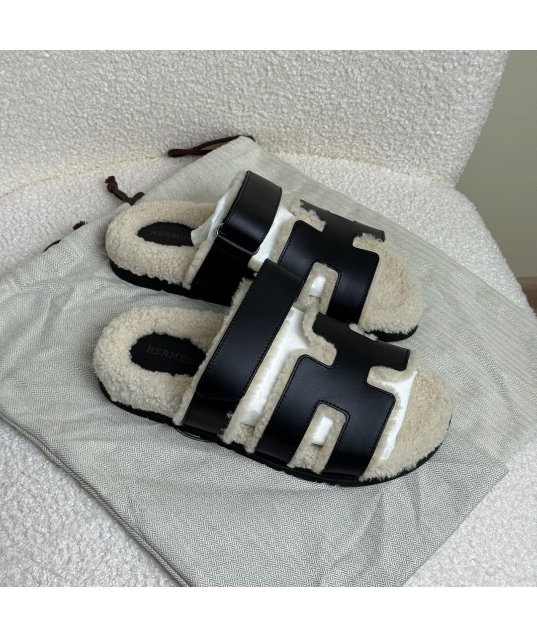 HERMES Черные кожаные шлепанцы, фото 7