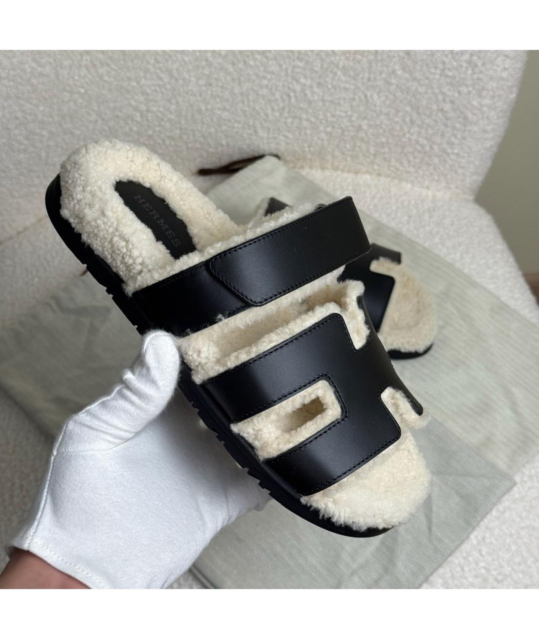 HERMES Черные кожаные шлепанцы, фото 3