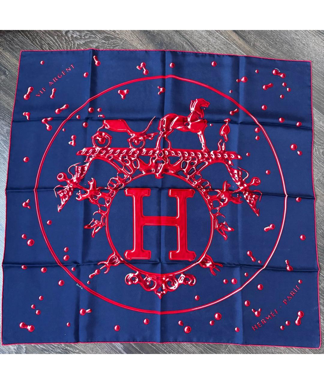 HERMES Темно-синий шелковый платок, фото 9