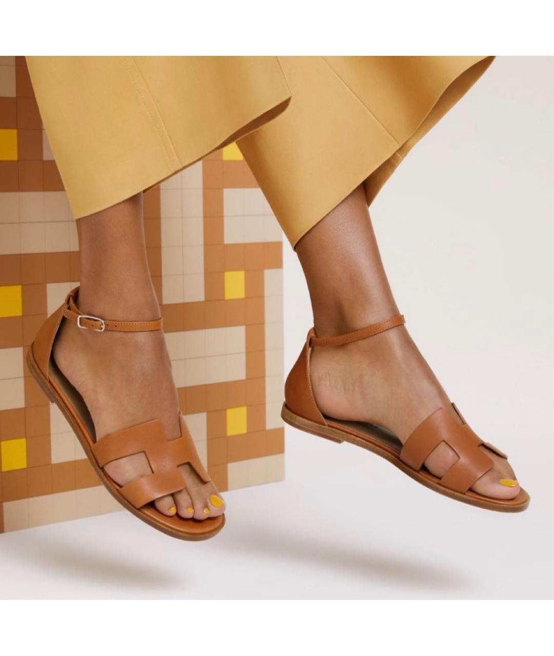 HERMES Коричневые кожаные босоножки, фото 5