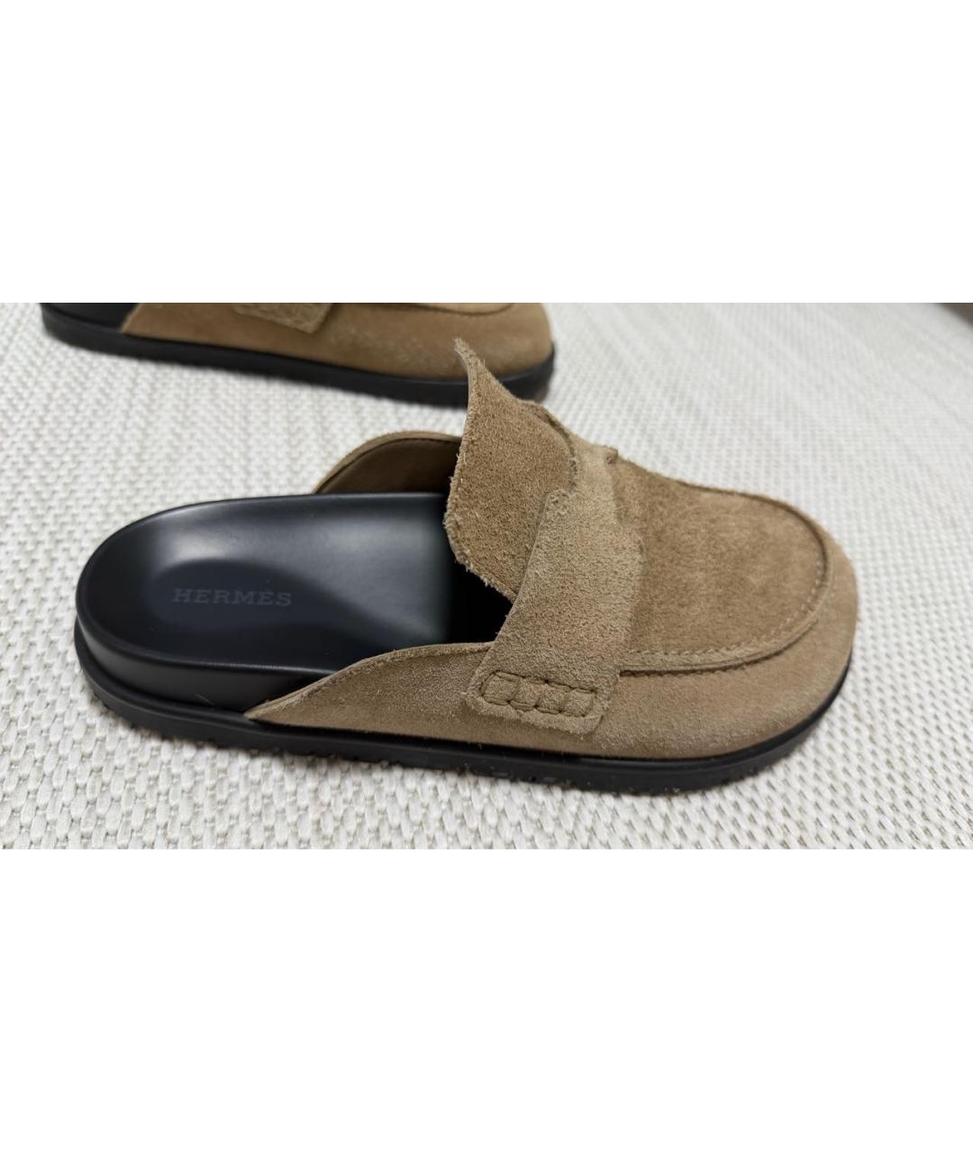 HERMES Бежевые замшевые мюли, фото 7