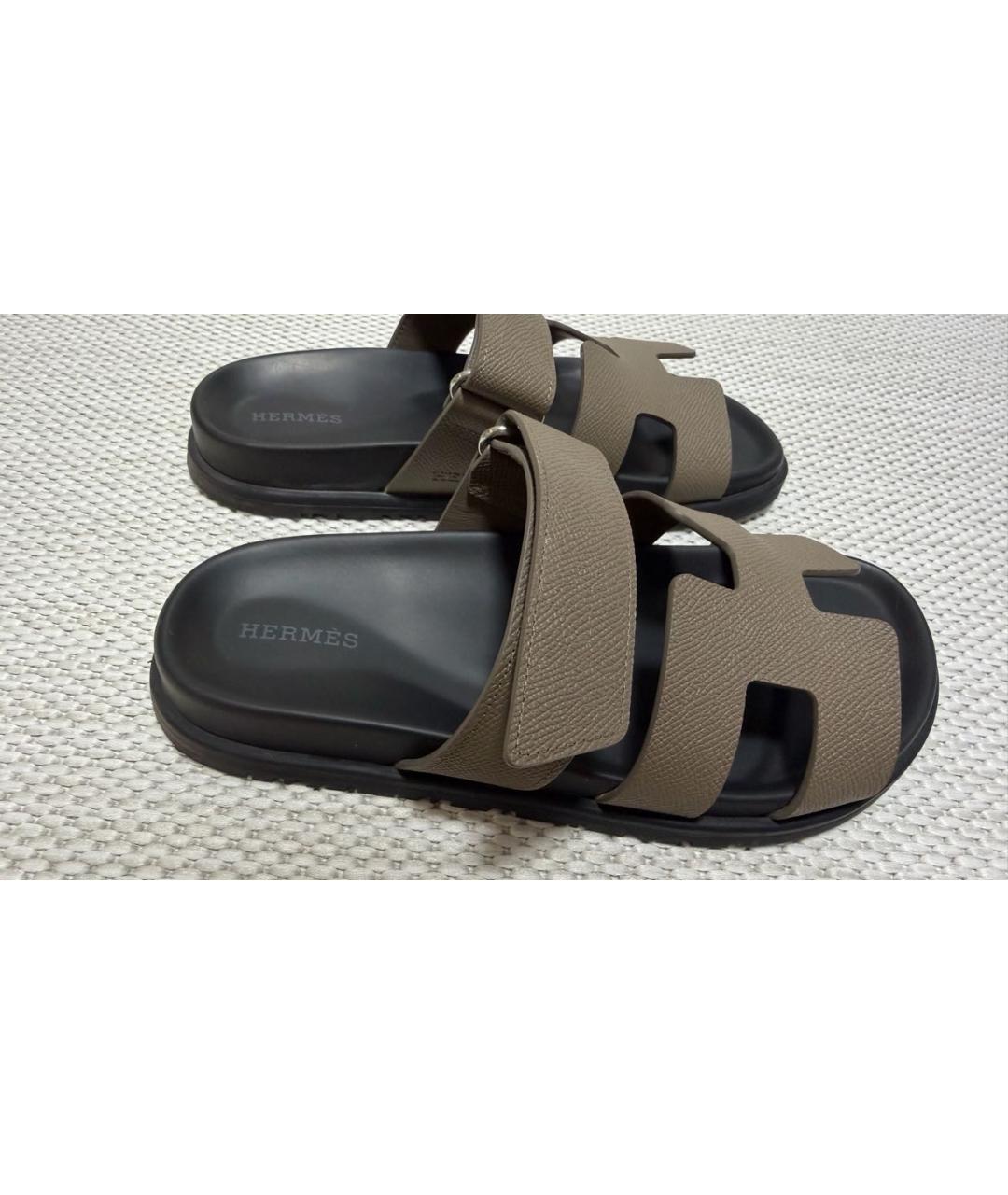 HERMES Коричневые кожаные шлепанцы, фото 5
