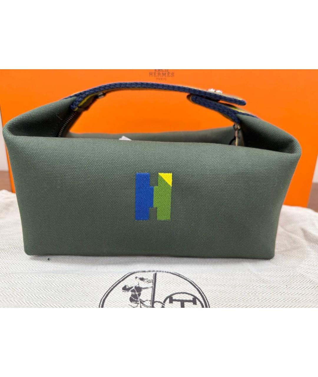HERMES Хаки тканевая косметичка, фото 3
