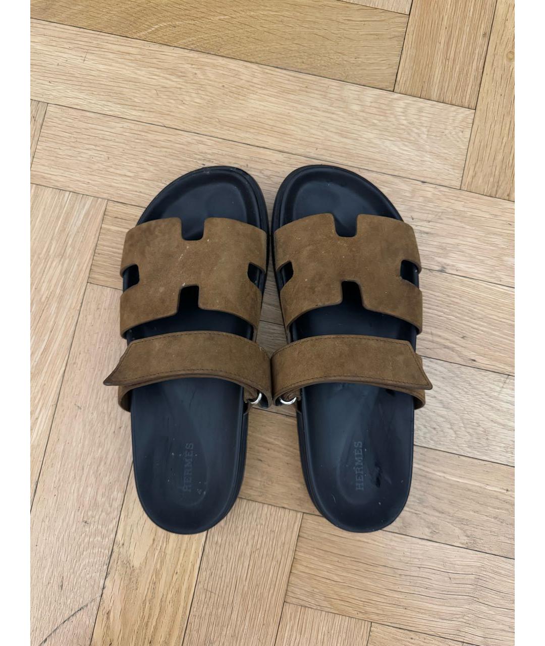 HERMES Коричневые замшевые шлепанцы, фото 2