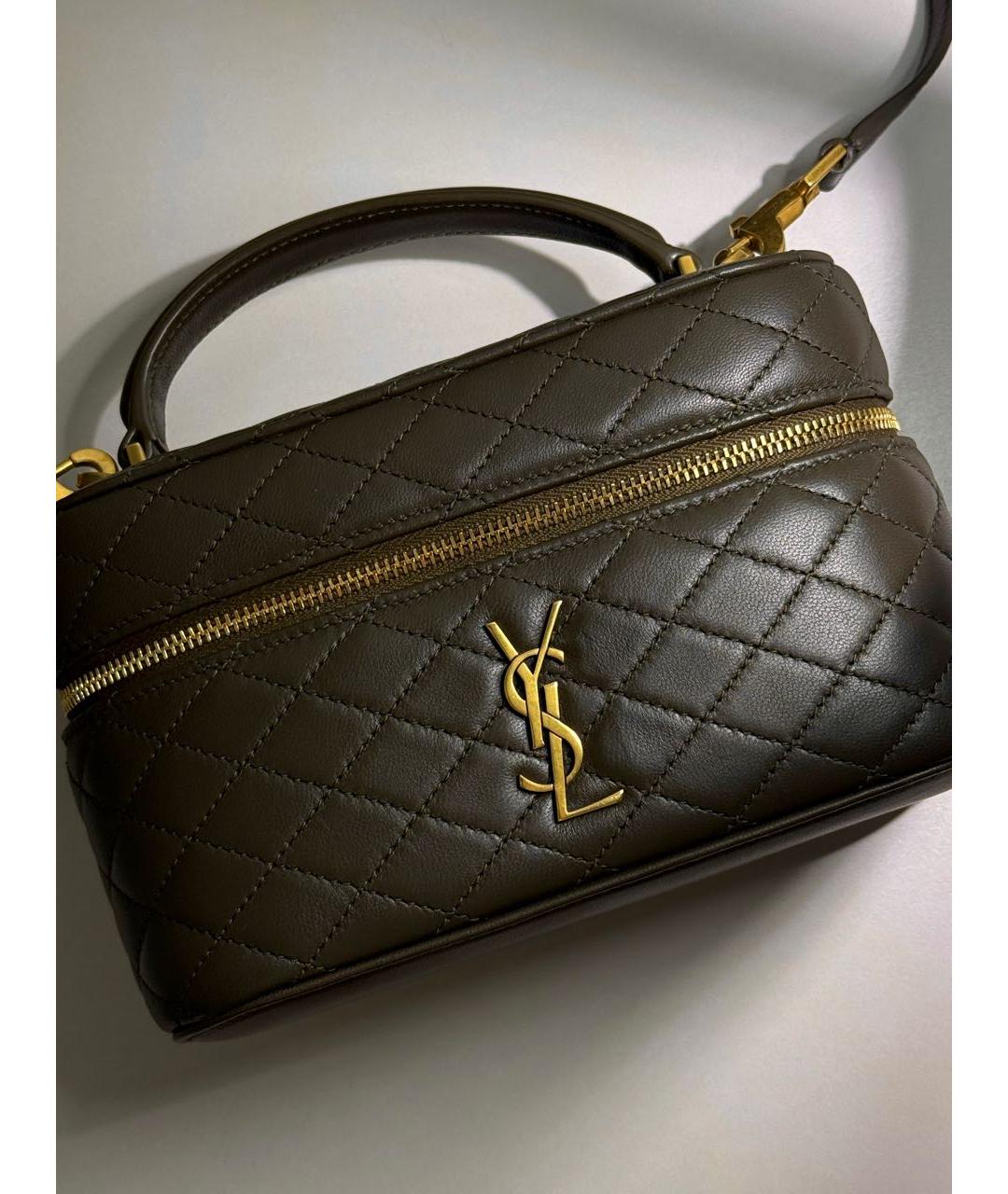 SAINT LAURENT Хаки кожаная сумка с короткими ручками, фото 2