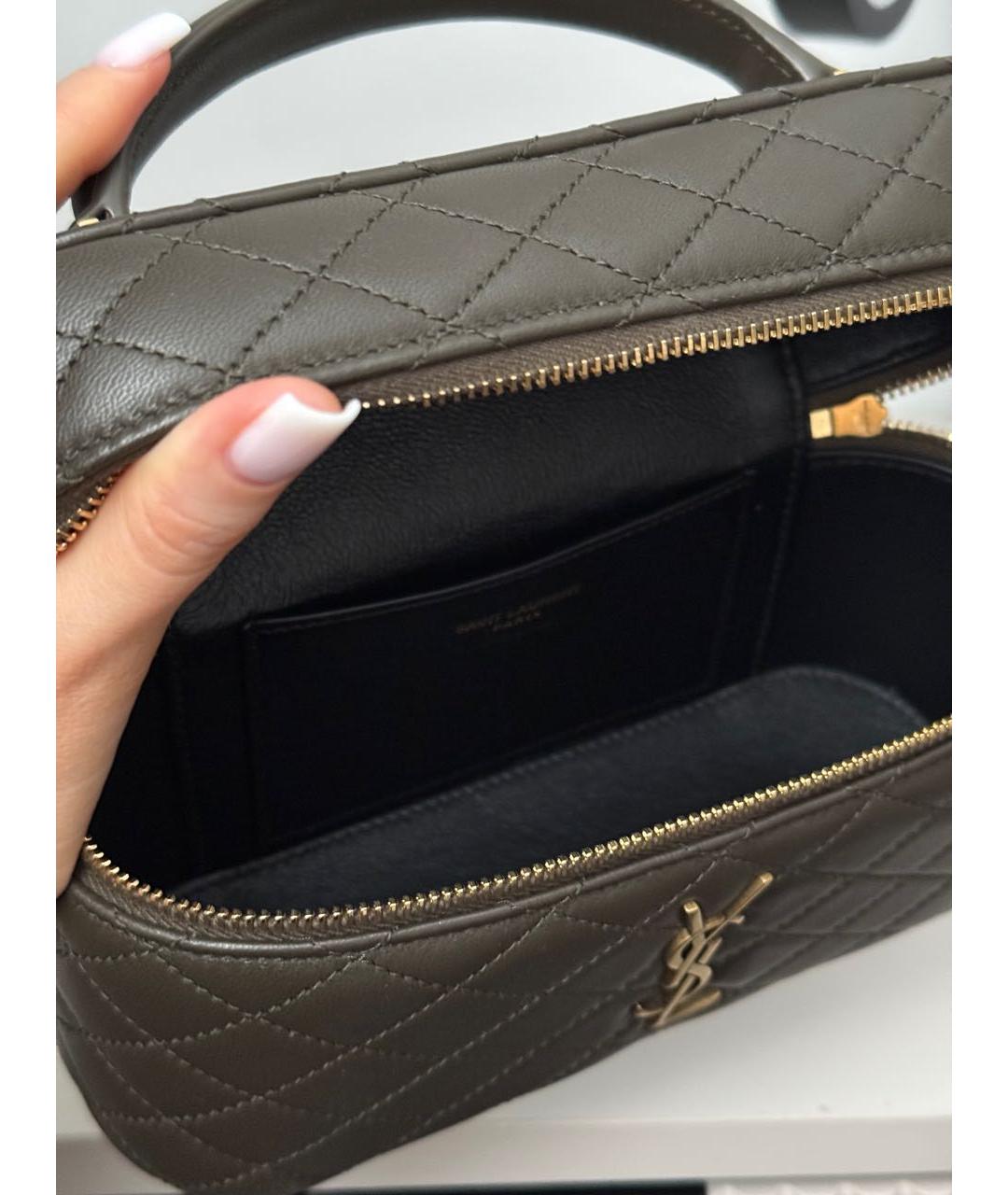 SAINT LAURENT Хаки кожаная сумка с короткими ручками, фото 5
