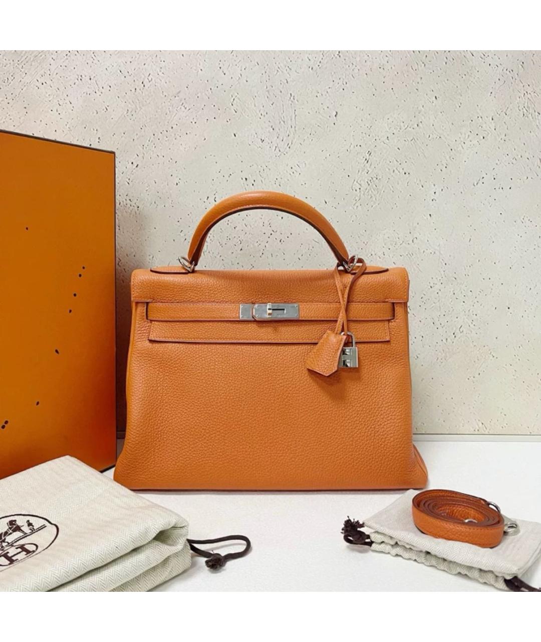 HERMES Оранжевая кожаная сумка с короткими ручками, фото 6