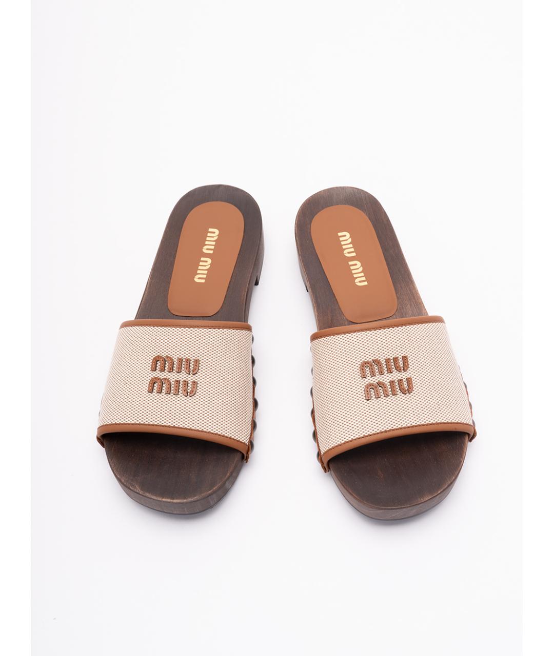 MIU MIU Бежевые текстильные шлепанцы, фото 5