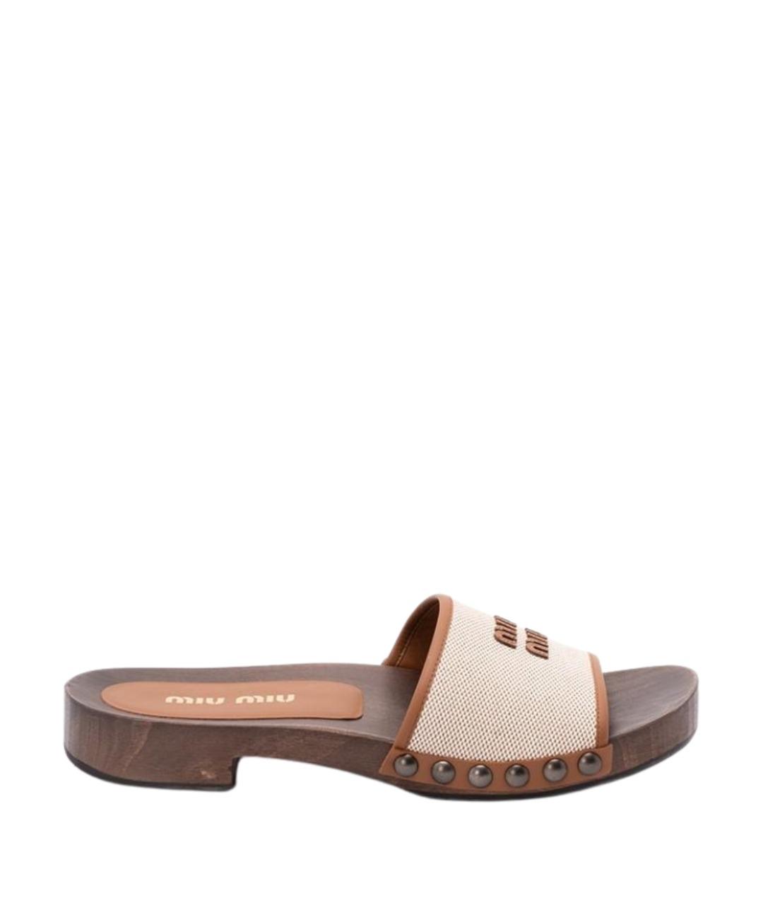MIU MIU Бежевые текстильные шлепанцы, фото 1