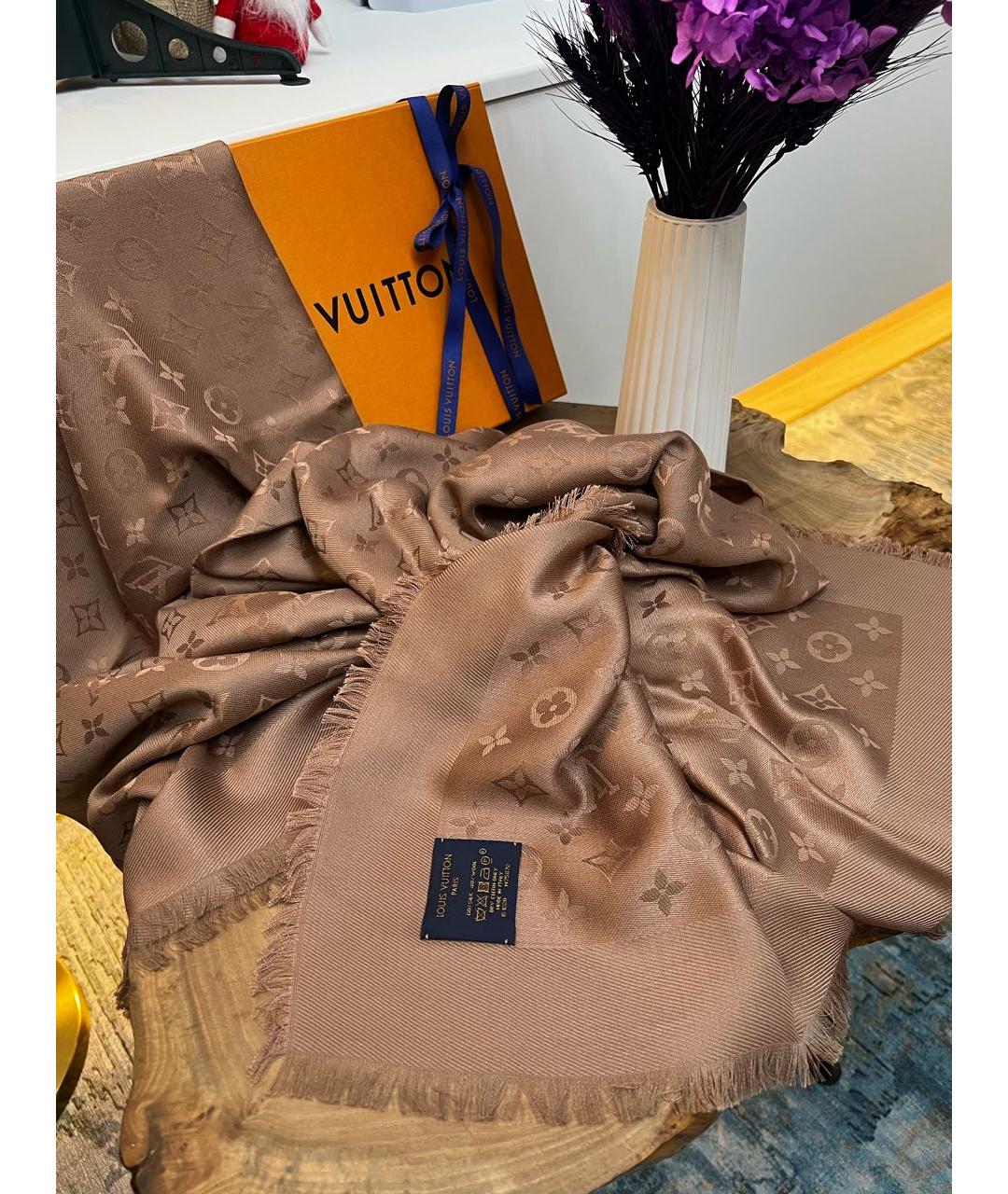 LOUIS VUITTON Коричневый шелковый платок, фото 6