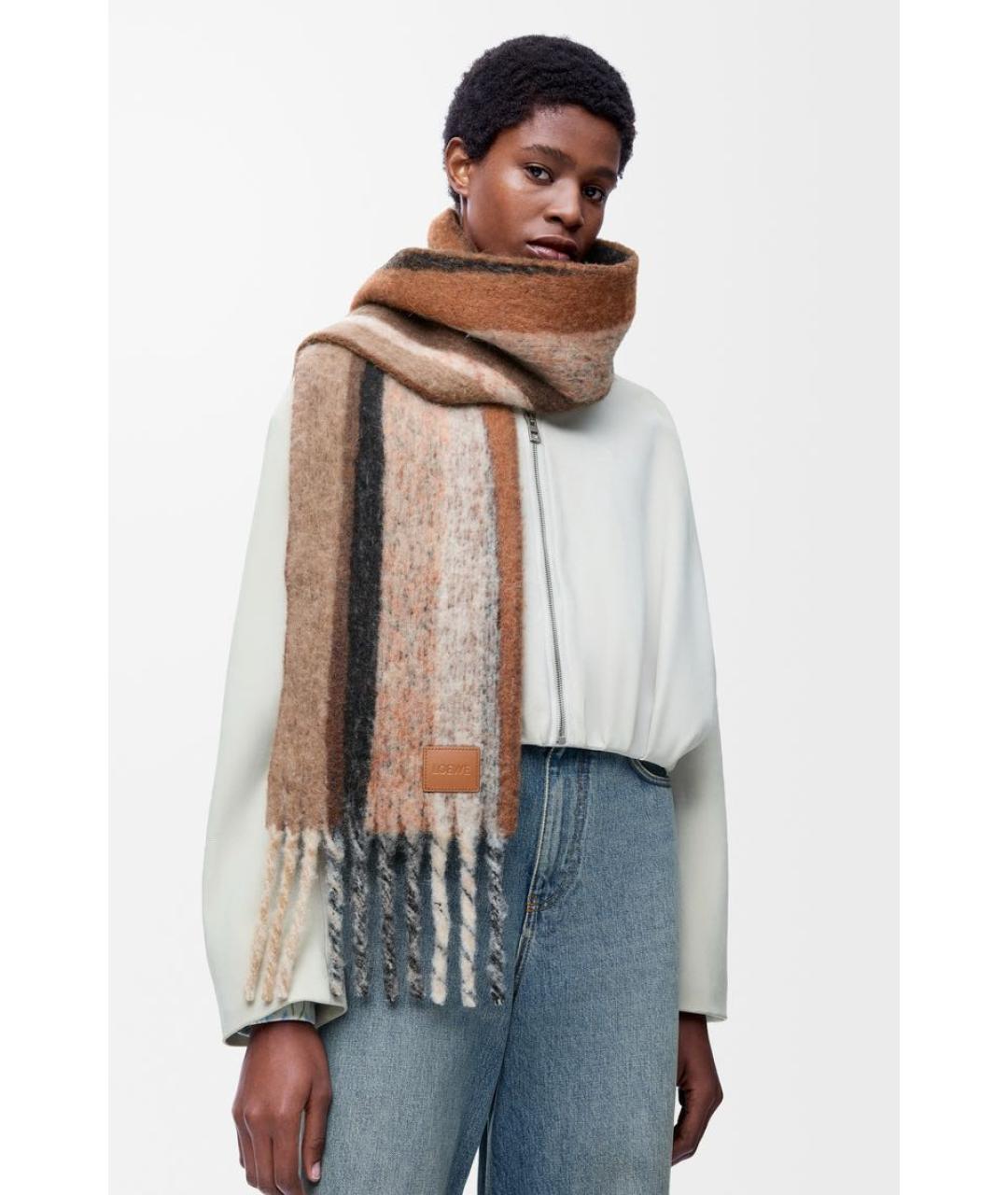 LOEWE Коричневый шерстяной шарф, фото 2