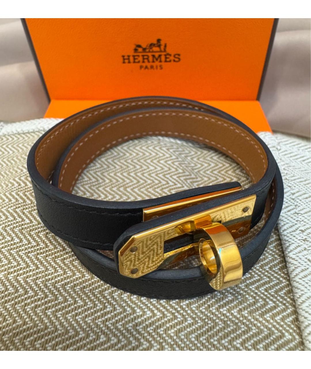 HERMES Черный кожаный браслет, фото 5