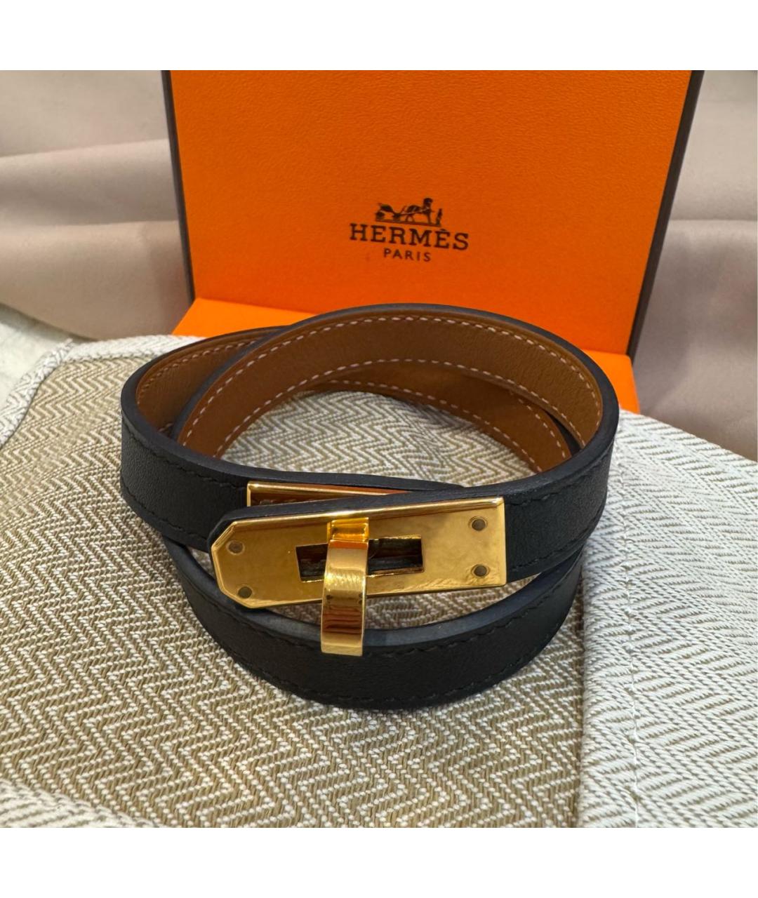 HERMES Черный кожаный браслет, фото 6