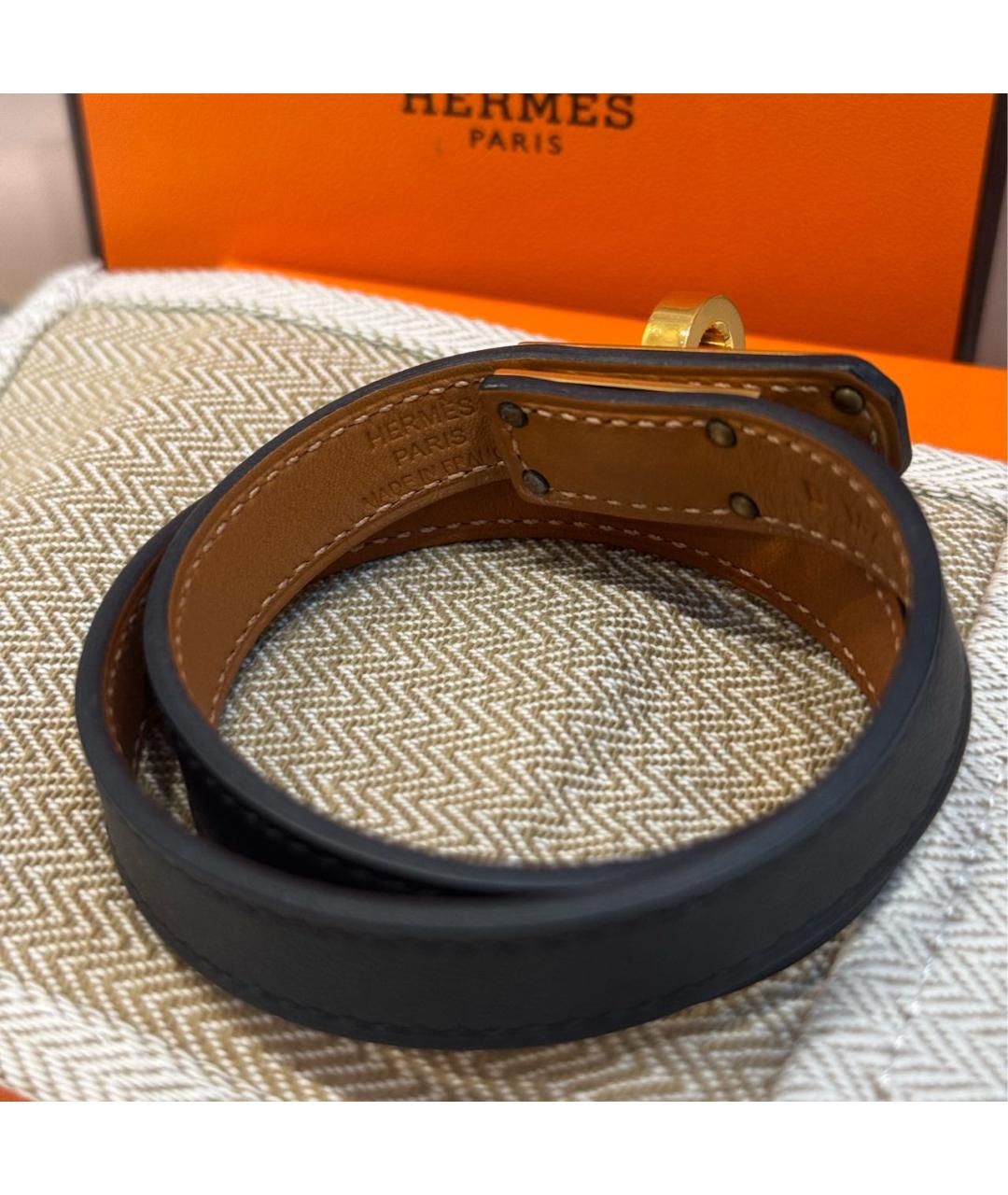 HERMES Черный кожаный браслет, фото 3