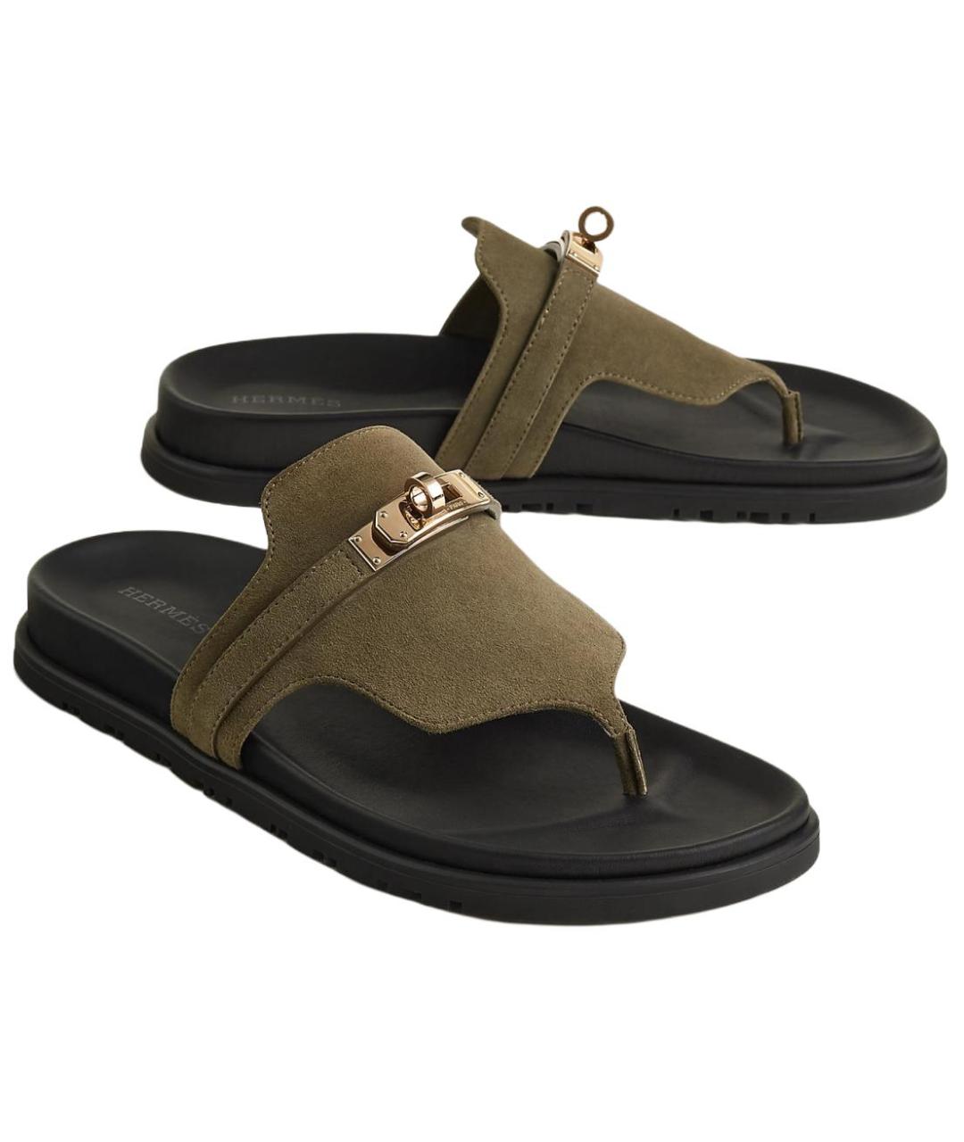 HERMES Зеленые кожаные шлепанцы, фото 4