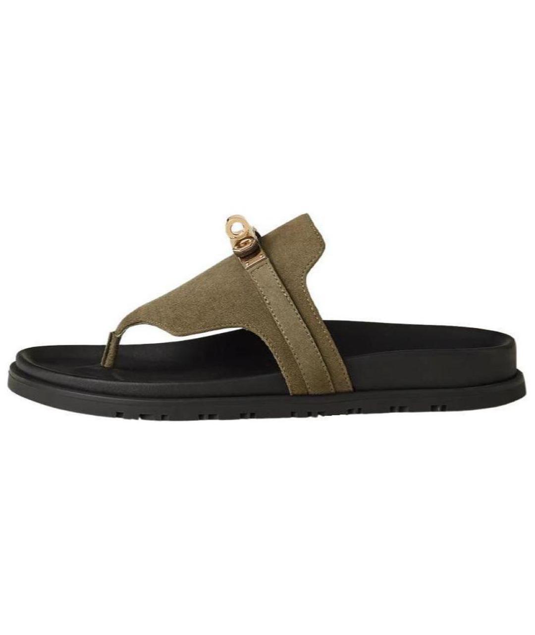 HERMES Зеленые кожаные шлепанцы, фото 2