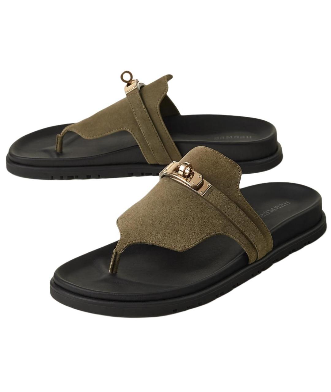 HERMES Зеленые кожаные шлепанцы, фото 3