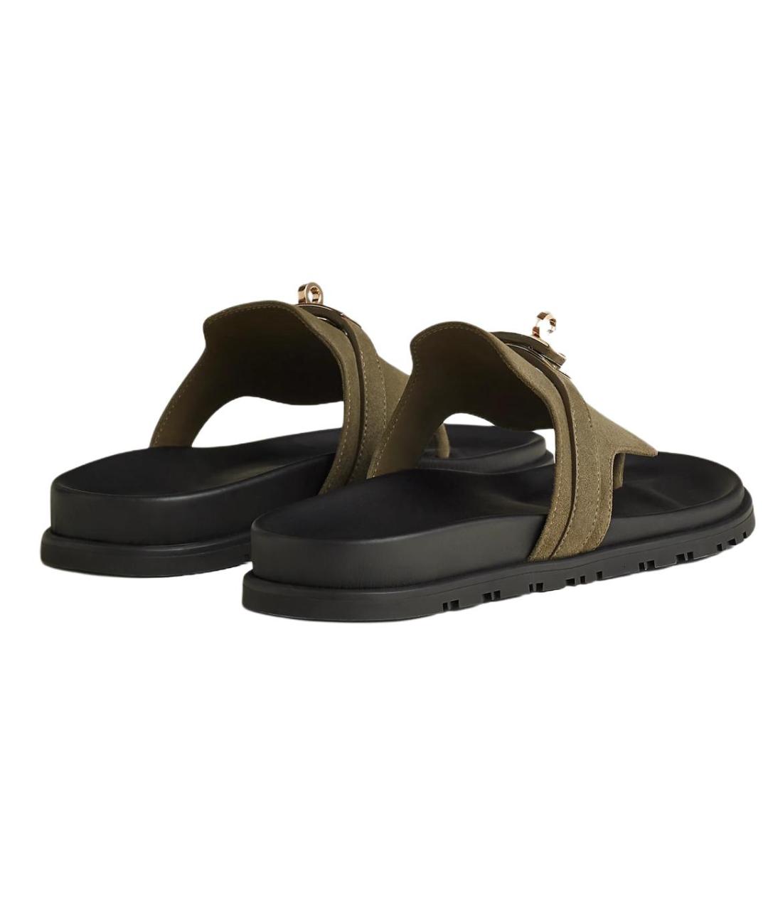 HERMES Зеленые кожаные шлепанцы, фото 5