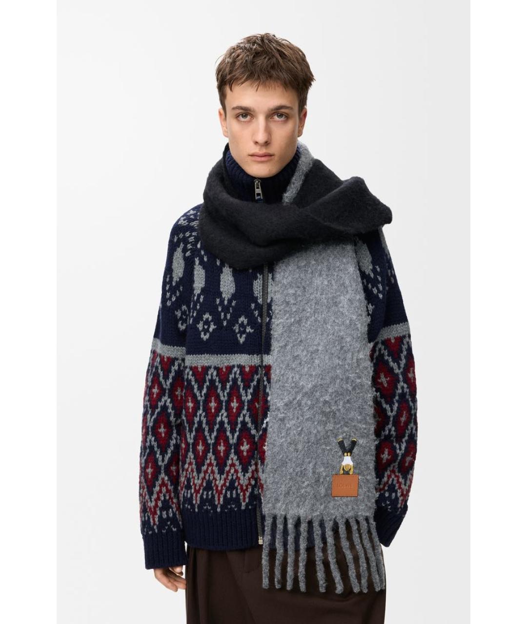 LOEWE Серый шерстяной шарф, фото 2